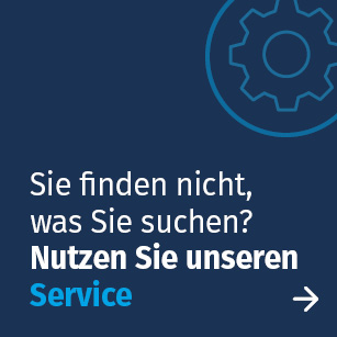 Informationsfeld Grafik mit dunkelblauem Hintergrund und Zahnrad-Symbol. Text: „Sie finden nicht, was Sie suchen? Nutzen Sie unseren Service →“ in weiß und blau.